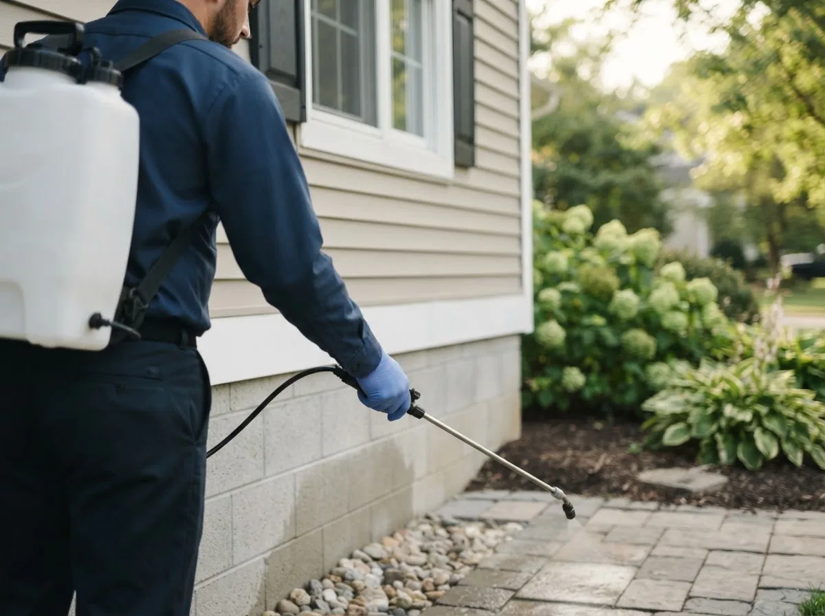 Pest control technician inspecting a home in Hennepin, IL